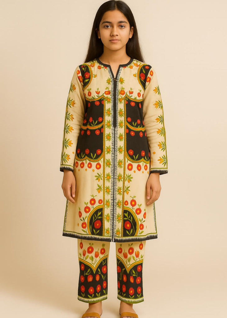 Desi Bloom – Cream Ethnic Suit with Vibrant Folk Motifs
