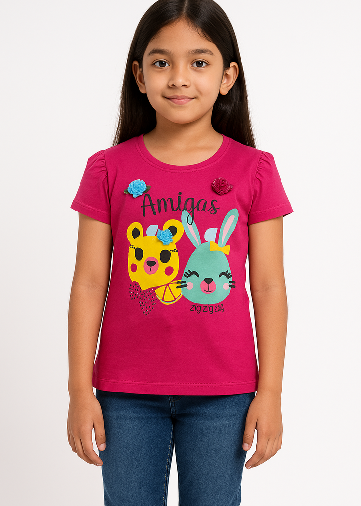 "Cute Amigas Friends Print T-Shirt for Girls"