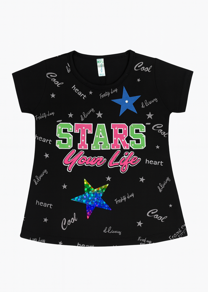 "Girls Black Printed T-Shirt – Stars Your Life Design"