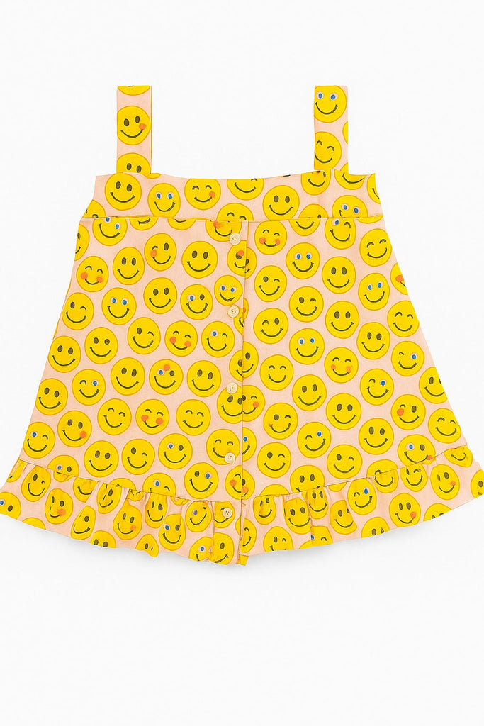 "Happy Vibes Smiley Print Frock with Frill  (Imported Material)