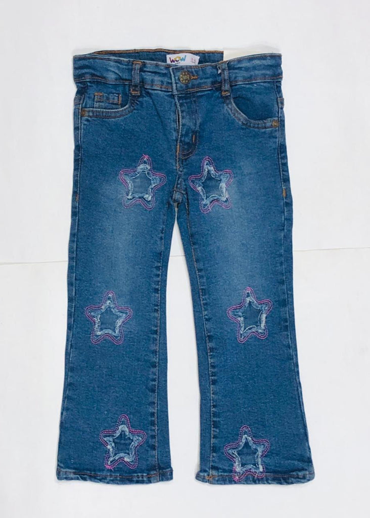 "Girls Star Patch Flared Denim Jeans DK.Blue