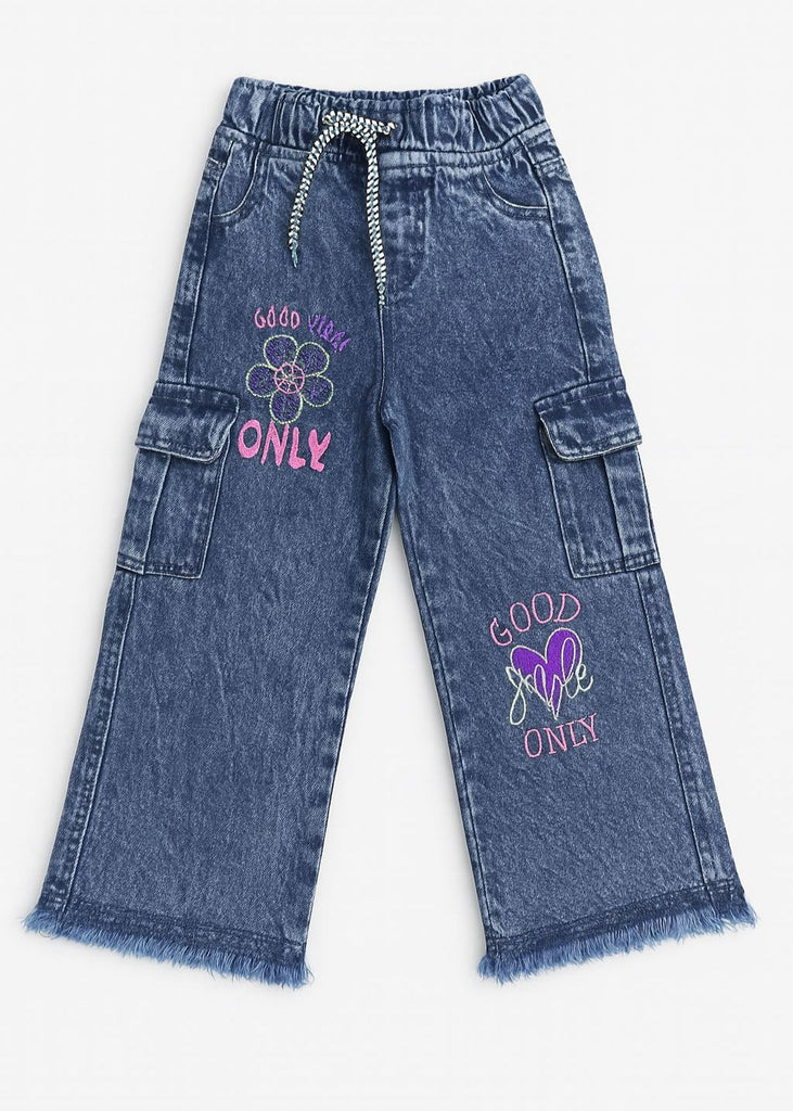 "Girls Dark Blue Cargo Denim with Good Vibes Embroidery  ( Imported and Original)