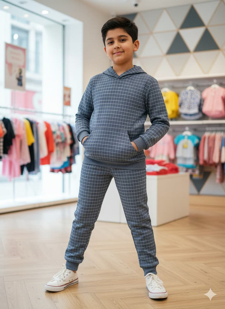 PREMUM IMPORTED   DARK GREY CHECKS FLEECE TRACKSUIT WITH HOODIE